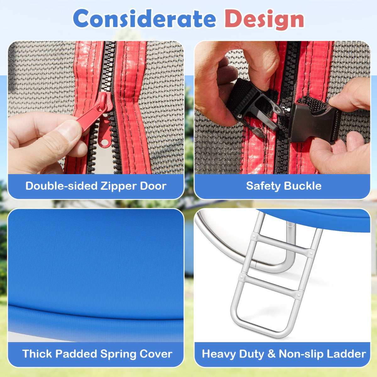 Livsk costway buitentrampoline met ladder rond tuintrampolin met veiligheidsnet randbedekking en metalen frame o366cm kleurrijk 3
