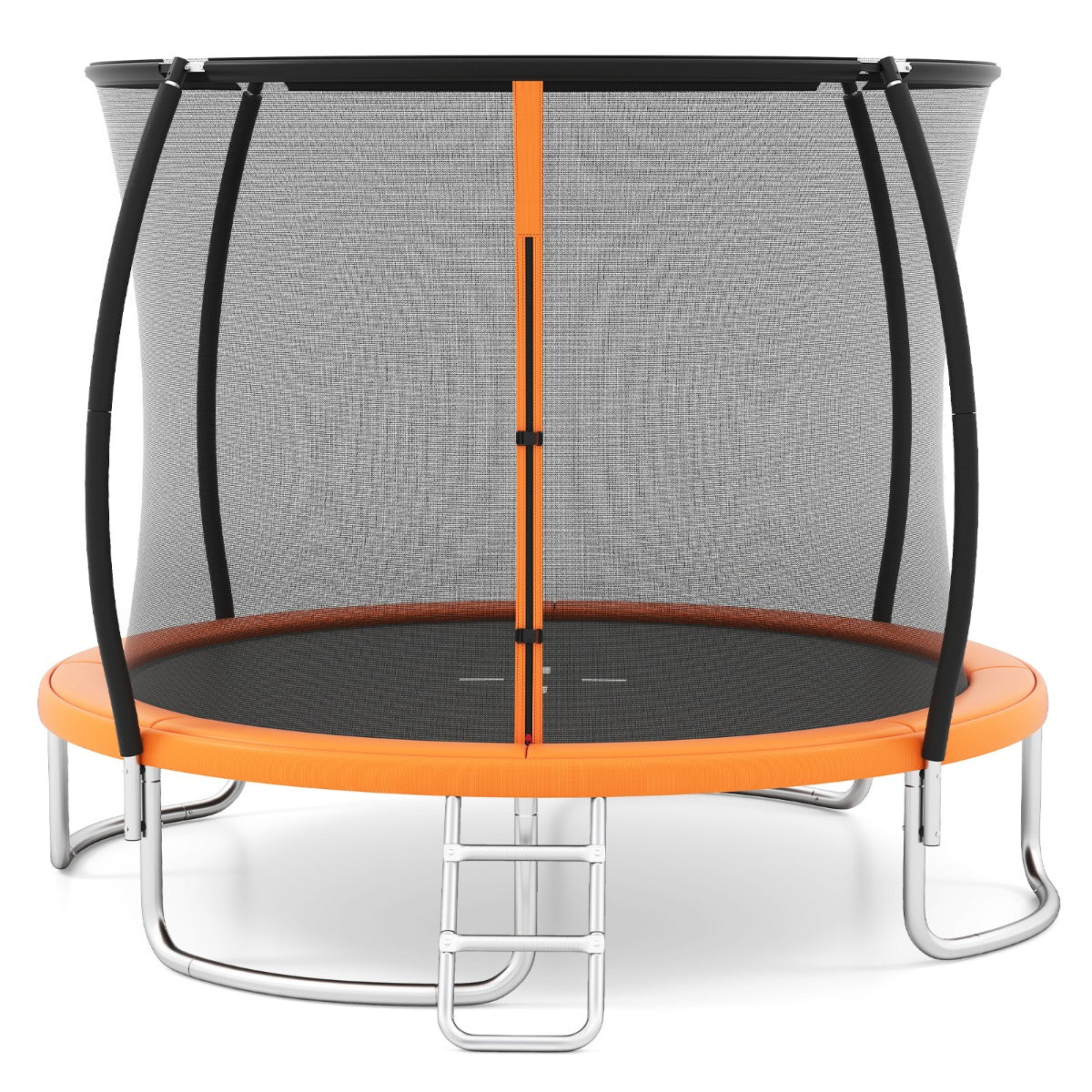 Livsk costway buitentrampoline met ladder rond tuintrampolin met veiligheidsnet randbedekking en metalen frame o366cm oranje
