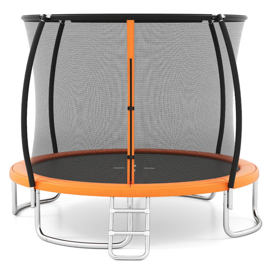 Livsk costway buitentrampoline met ladder rond tuintrampolin met veiligheidsnet randbedekking en metalen frame o366cm oranje