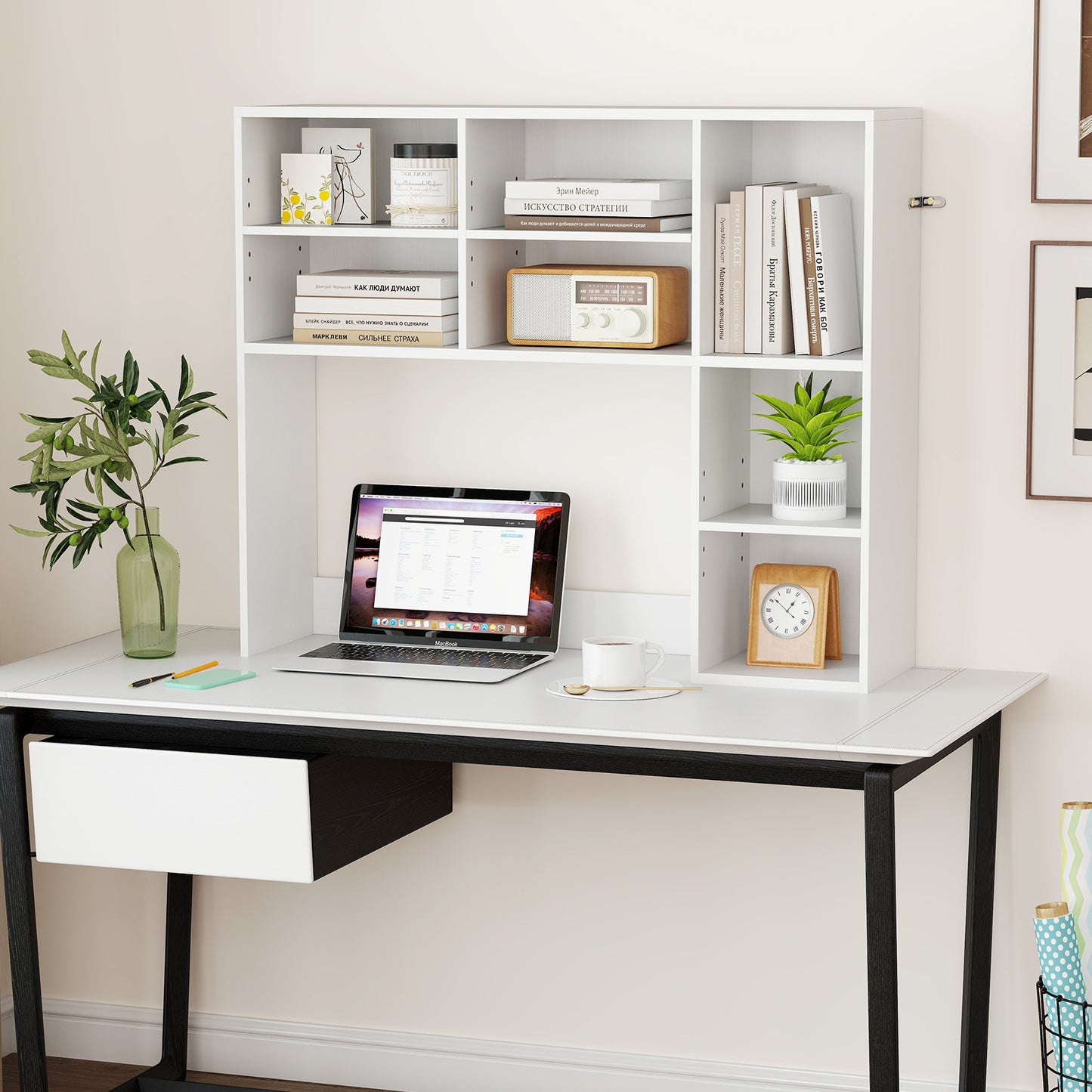 LIVSK Bureau-opzetstuk met 3 Verstelbare Planken - Tot 120 kg - Inclusief Veiligheidsankers - 94 x 25 x 79 cm - Wit