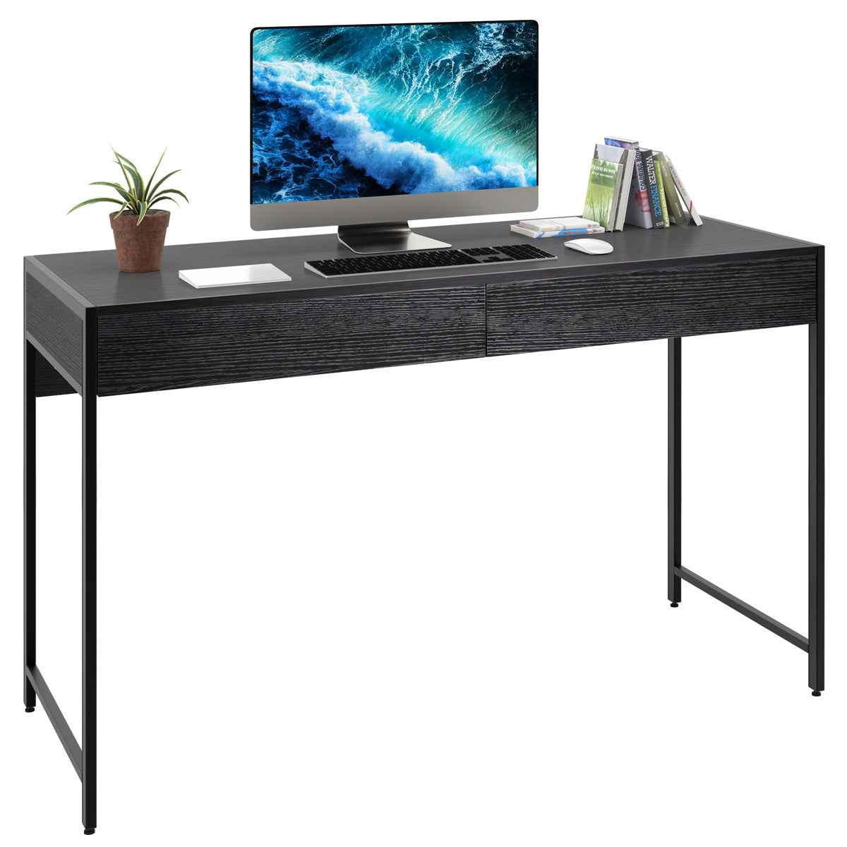 LIVSK Kantoortafel - Hoogwaardig Hout - Stalen Frame - 2 Grote Lades - In hoogte verstelbaar - 112 x 48 x 76 cm - Zwart