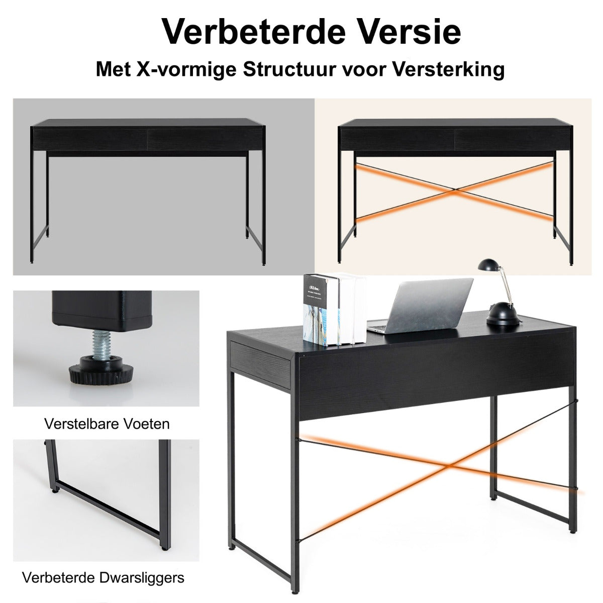 LIVSK Kantoortafel - Hoogwaardig Hout - Stalen Frame - 2 Grote Lades - In hoogte verstelbaar - 112 x 48 x 76 cm - Zwart