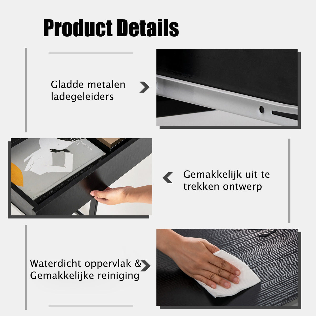 LIVSK Kantoortafel - Hoogwaardig Hout - Stalen Frame - 2 Grote Lades - In hoogte verstelbaar - 112 x 48 x 76 cm - Zwart