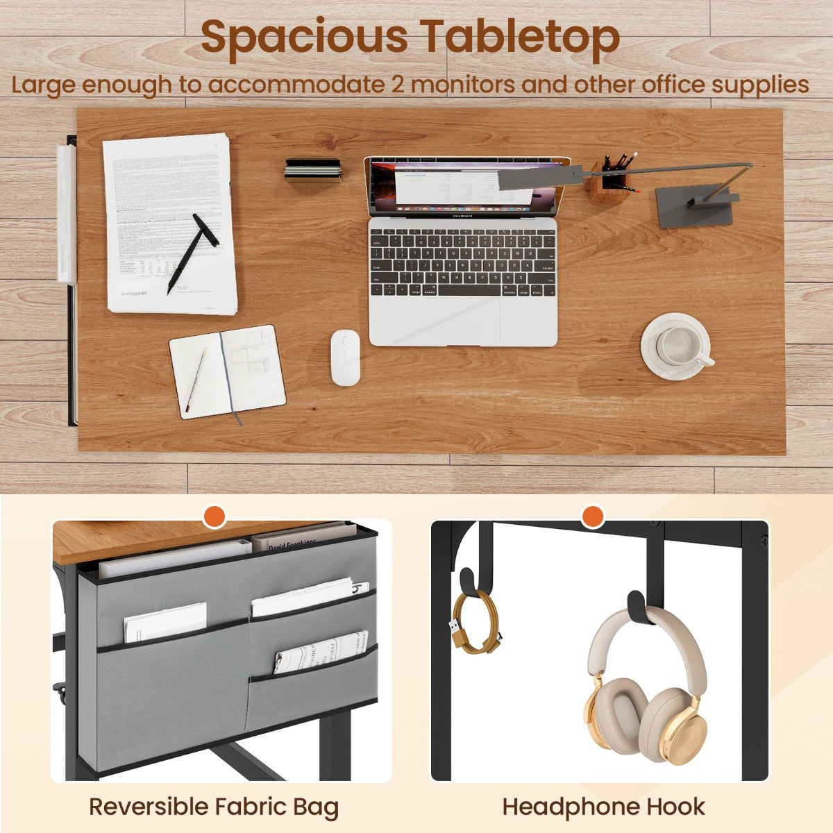 LIVSK Mobiele Schrijftafel - Ruim Tafelblad - Omkeerbare Tas - Handige Haken - Verrijdbaar - 120 x 60 x 75 cm - Teak