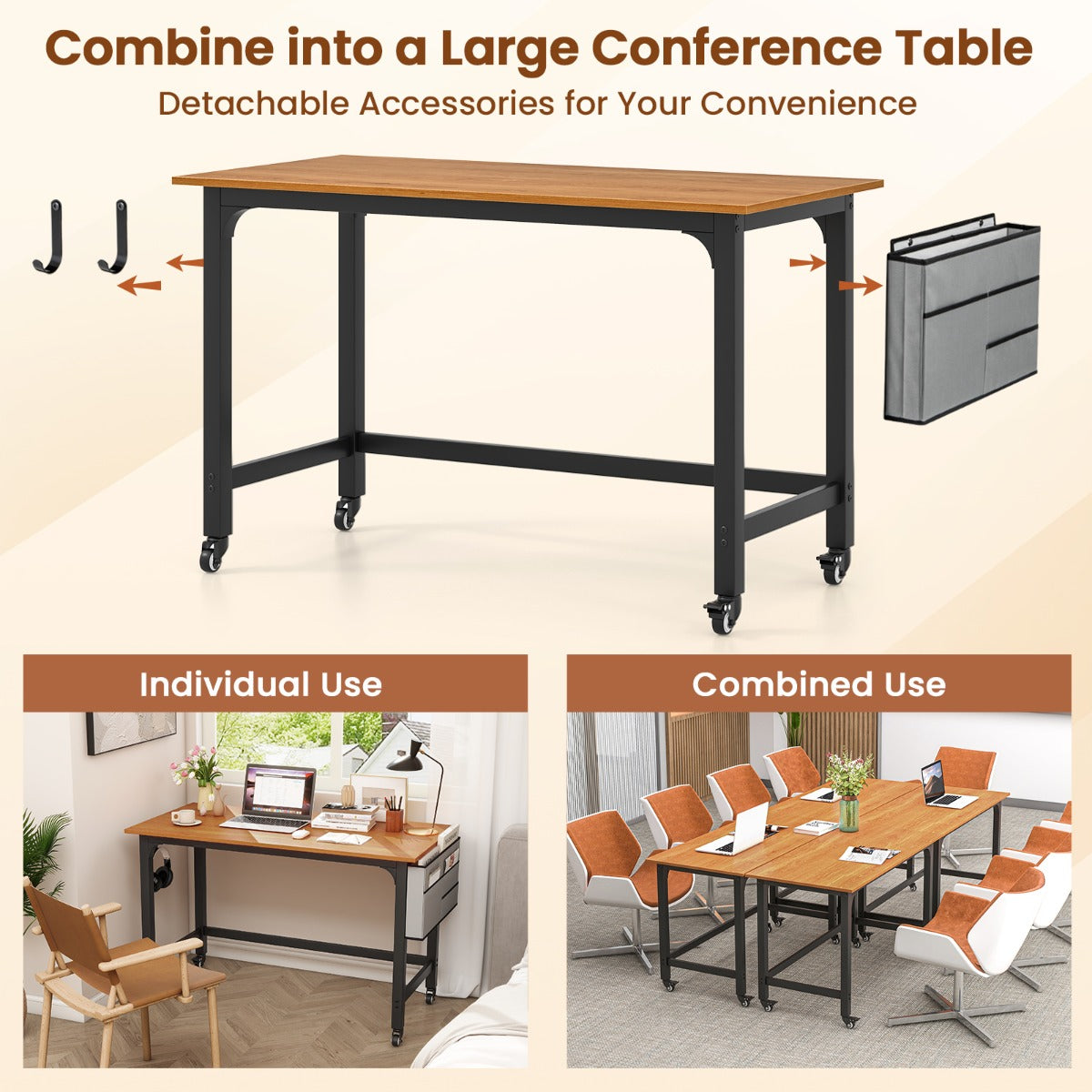 LIVSK Mobiele Schrijftafel - Ruim Tafelblad - Omkeerbare Tas - Handige Haken - Verrijdbaar - 120 x 60 x 75 cm - Teak
