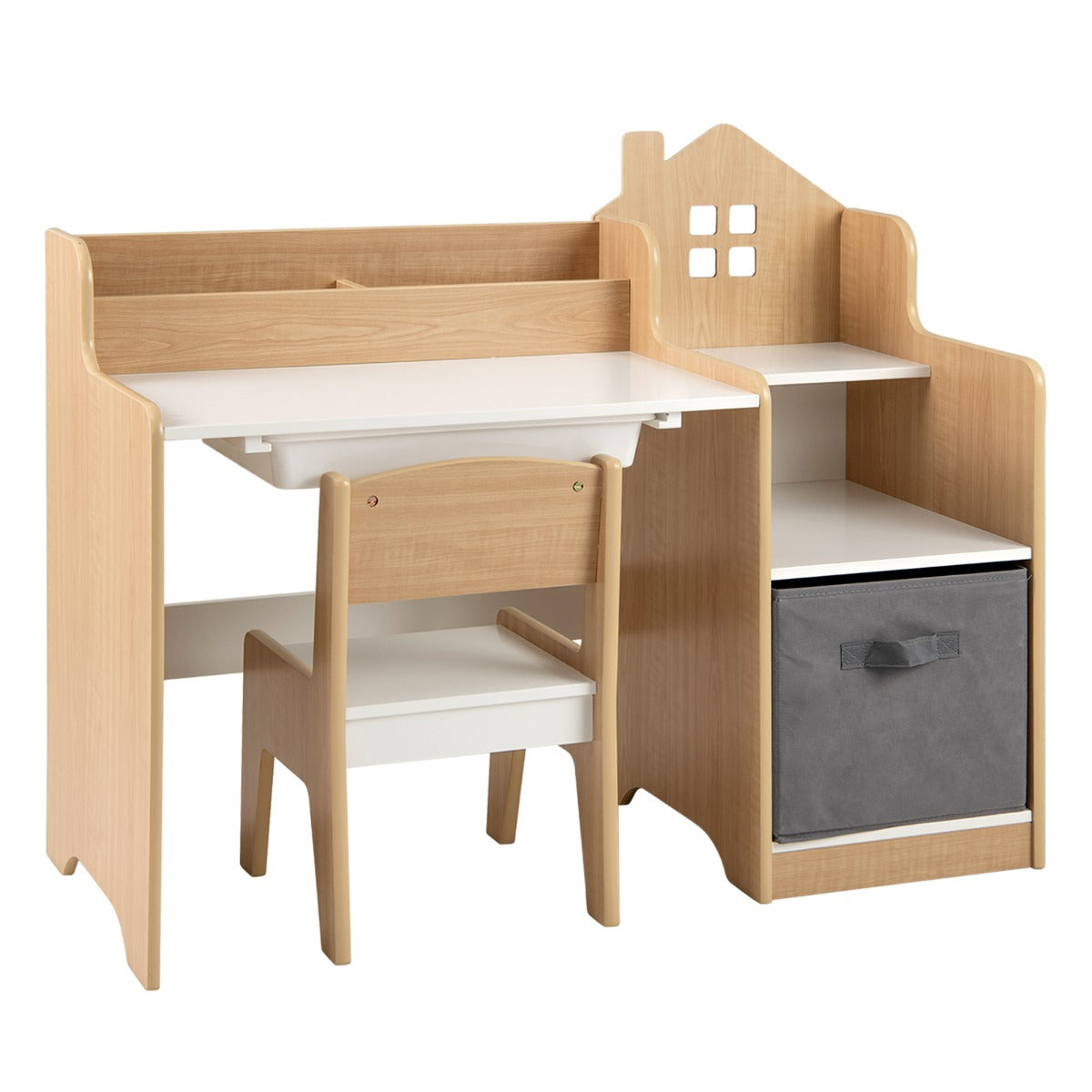 Livsk costway bureau en stoelenset voor kinderen kinderstudietafel met open vakken lade en stoffen opbergbak kindermeubilair voor kinderkamer 1 1