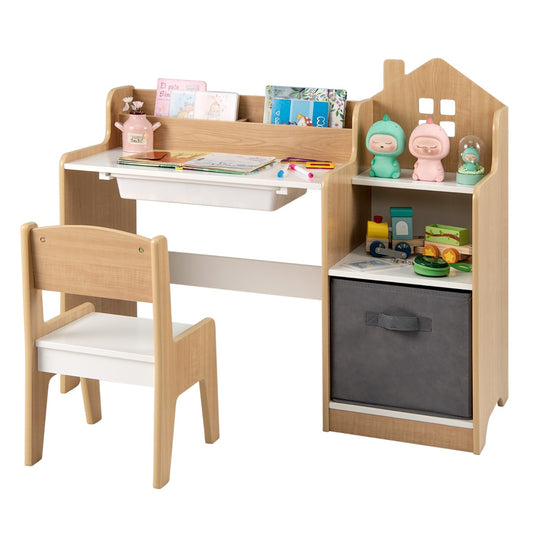 Livsk costway bureau en stoelenset voor kinderen kinderstudietafel met open vakken lade en stoffen opbergbak kindermeubilair voor kinderkamer