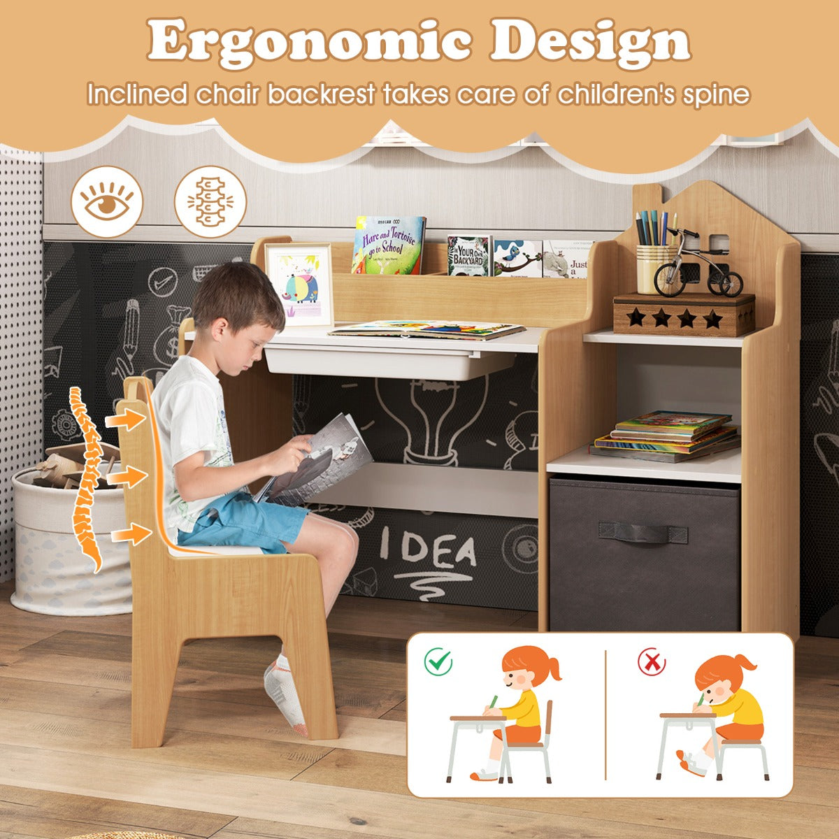 Livsk costway bureau en stoelenset voor kinderen kinderstudietafel met open vakken lade en stoffen opbergbak kindermeubilair voor kinderkamer 4