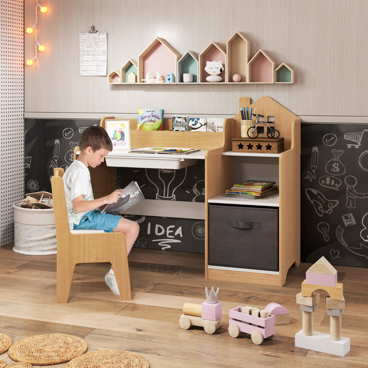 Livsk costway bureau en stoelenset voor kinderen kinderstudietafel met open vakken lade en stoffen opbergbak kindermeubilair voor kinderkamer 6