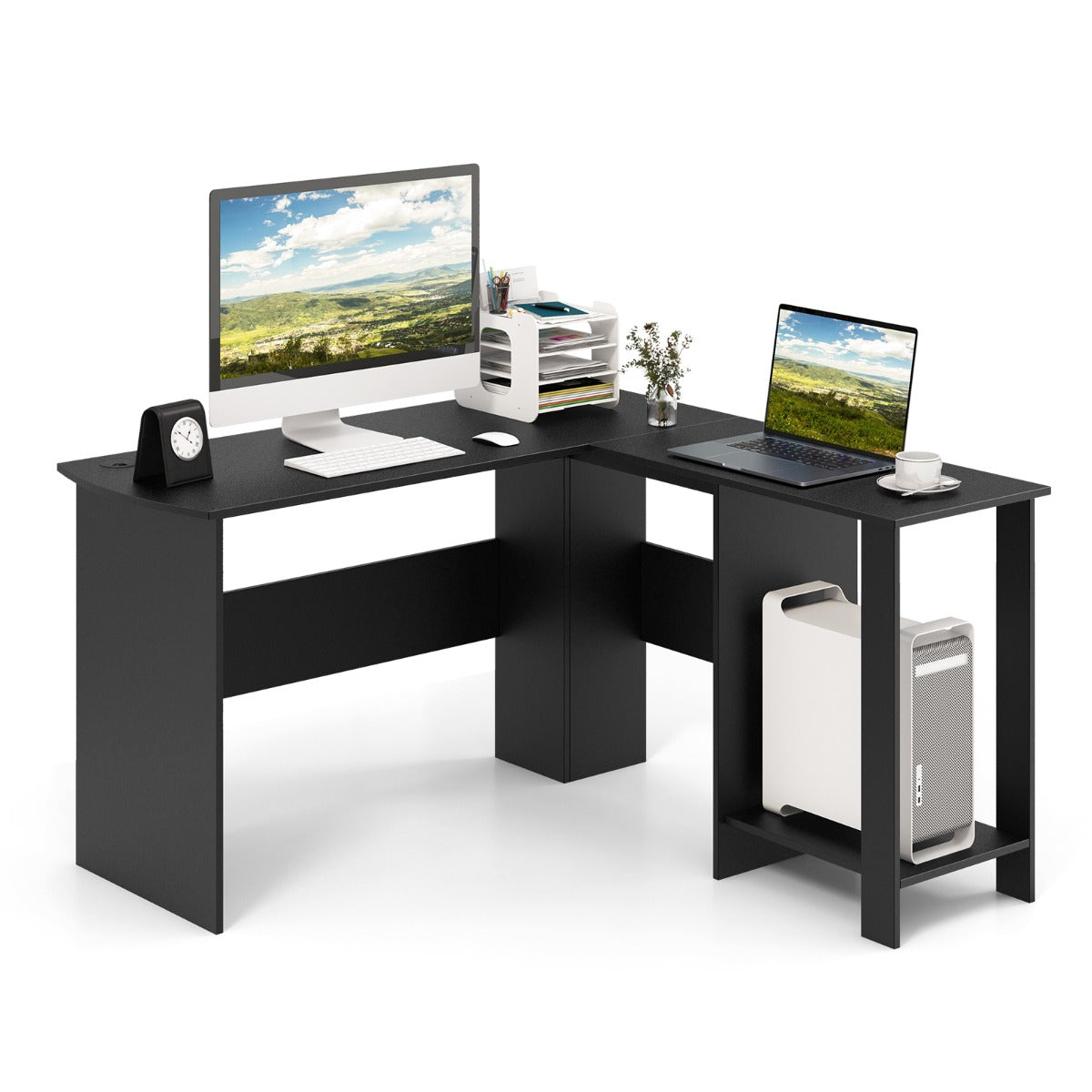 LIVSK L-vormige computertafel met opbergvakken - Ruim werkblad 130 x 130 cm - 2 kabeldoorvoeren - Verwijderbare plank - Zwart