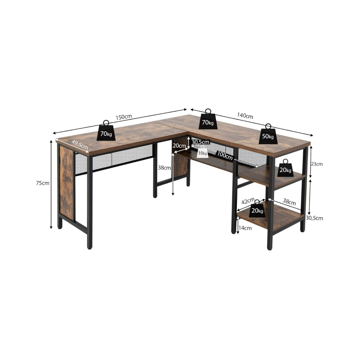 LIVSK L-vormige computertafel - Ruimtebesparend met Opbergruimte - Robuust Metaal - Eenvoudige Montage - 150 x 140 x 75 cm -