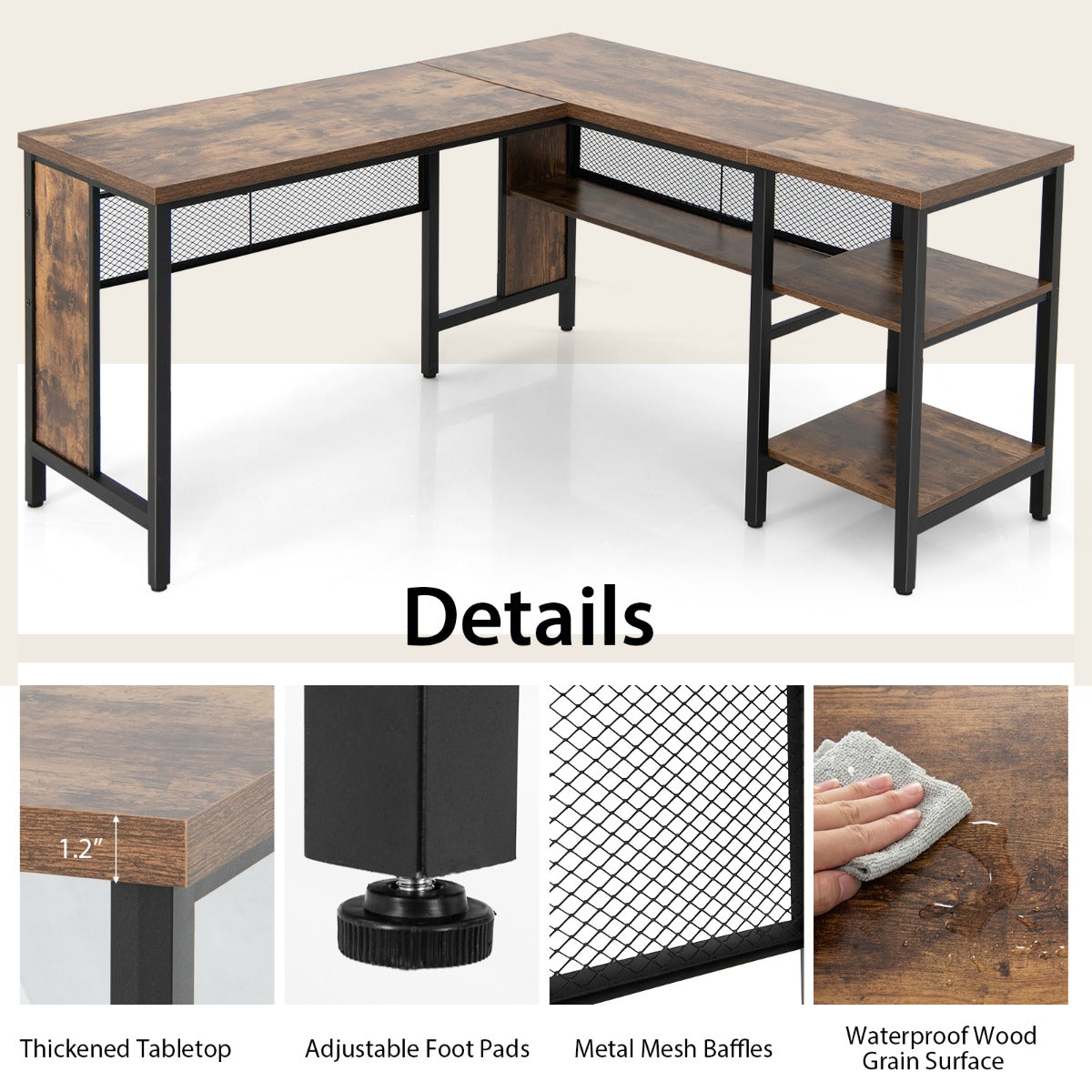 LIVSK L-vormige computertafel - Ruimtebesparend met Opbergruimte - Robuust Metaal - Eenvoudige Montage - 150 x 140 x 75 cm -