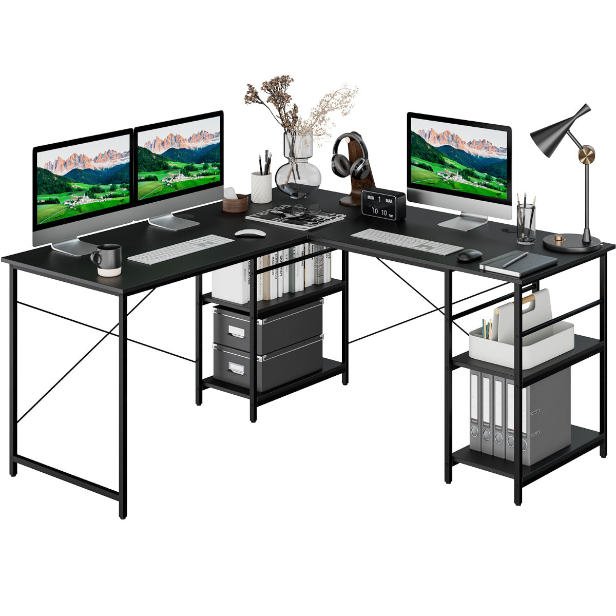 LIVSK L-vormig computertafel - Flexibele opstelling - 4 opbergvakken - Draagvermogen tot 180 kg - 151 x 151 x 75 cm - Meerdere