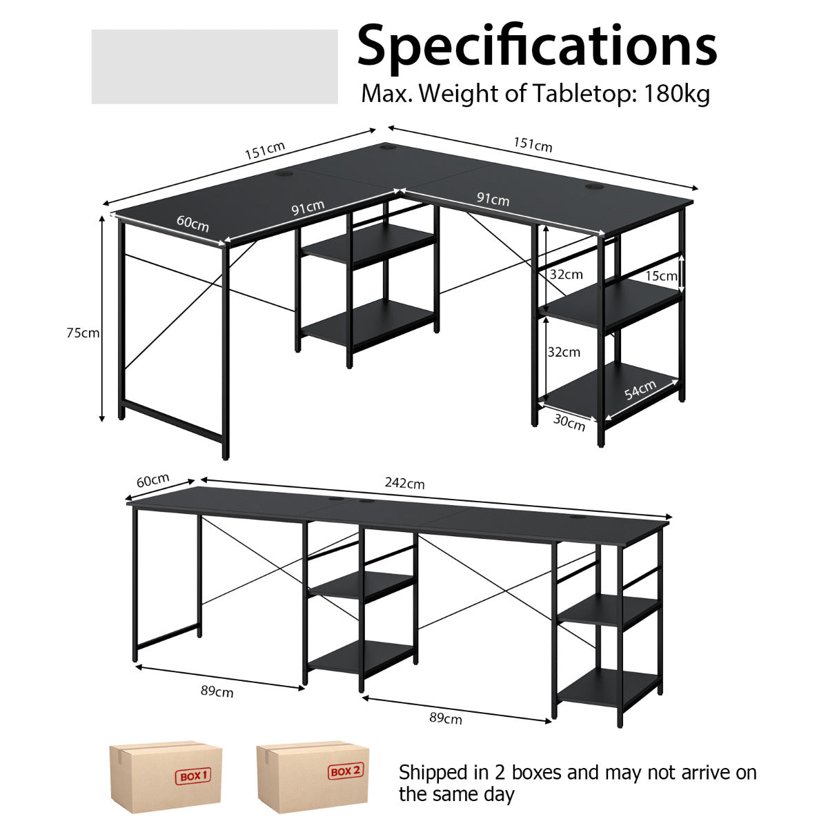 LIVSK L-vormig computertafel - Flexibele opstelling - 4 opbergvakken - Draagvermogen tot 180 kg - 151 x 151 x 75 cm - Meerdere