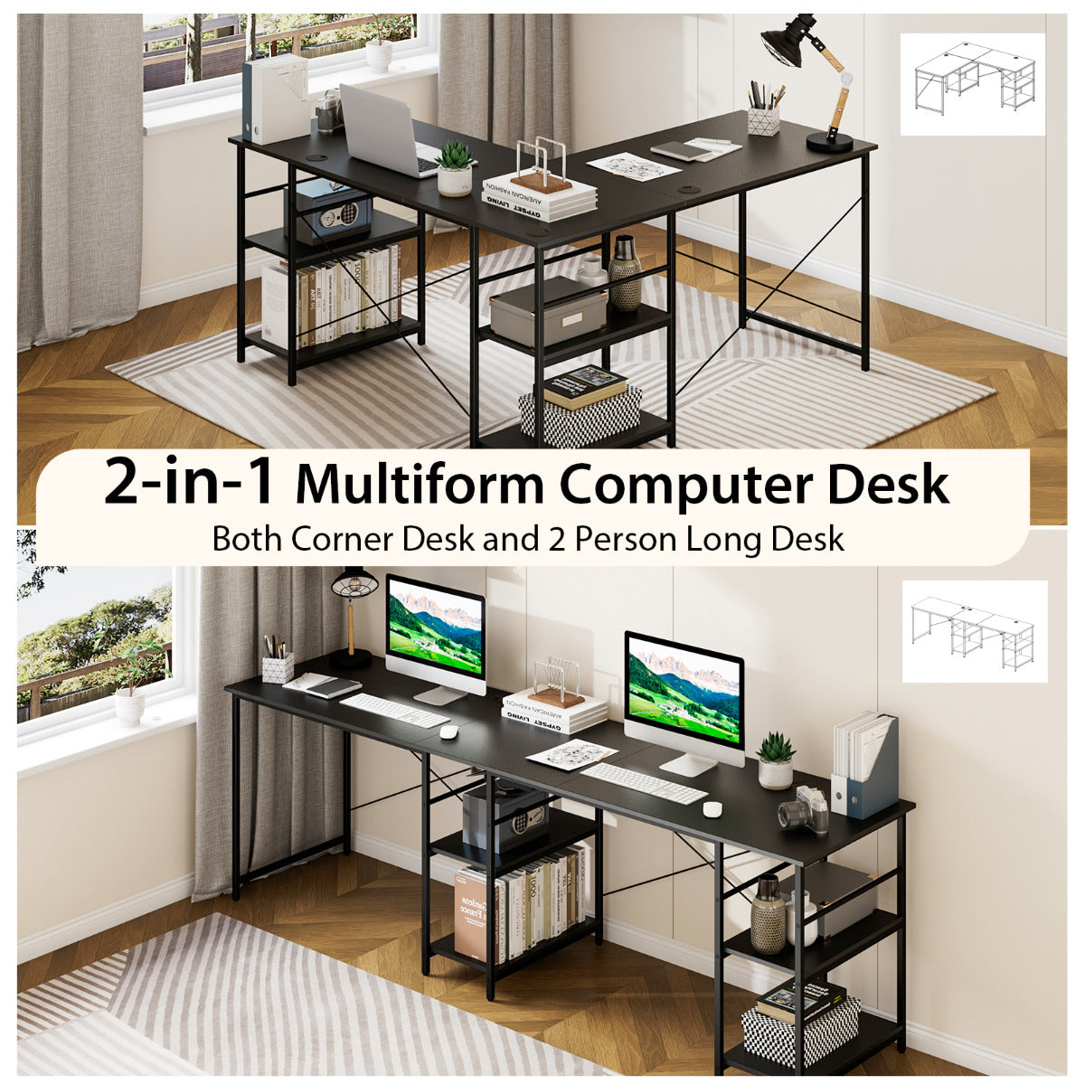 LIVSK L-vormig computertafel - Flexibele opstelling - 4 opbergvakken - Draagvermogen tot 180 kg - 151 x 151 x 75 cm - Meerdere