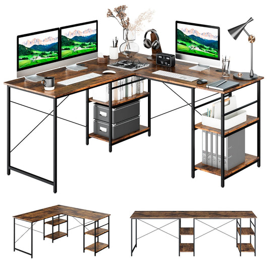 LIVSK Converteerbaar Hoekbureau - L-vormig of Lang Bureau - 4 Opberplanken - Tot 180 kg - 151 x 151 x 75 cm - Bruin