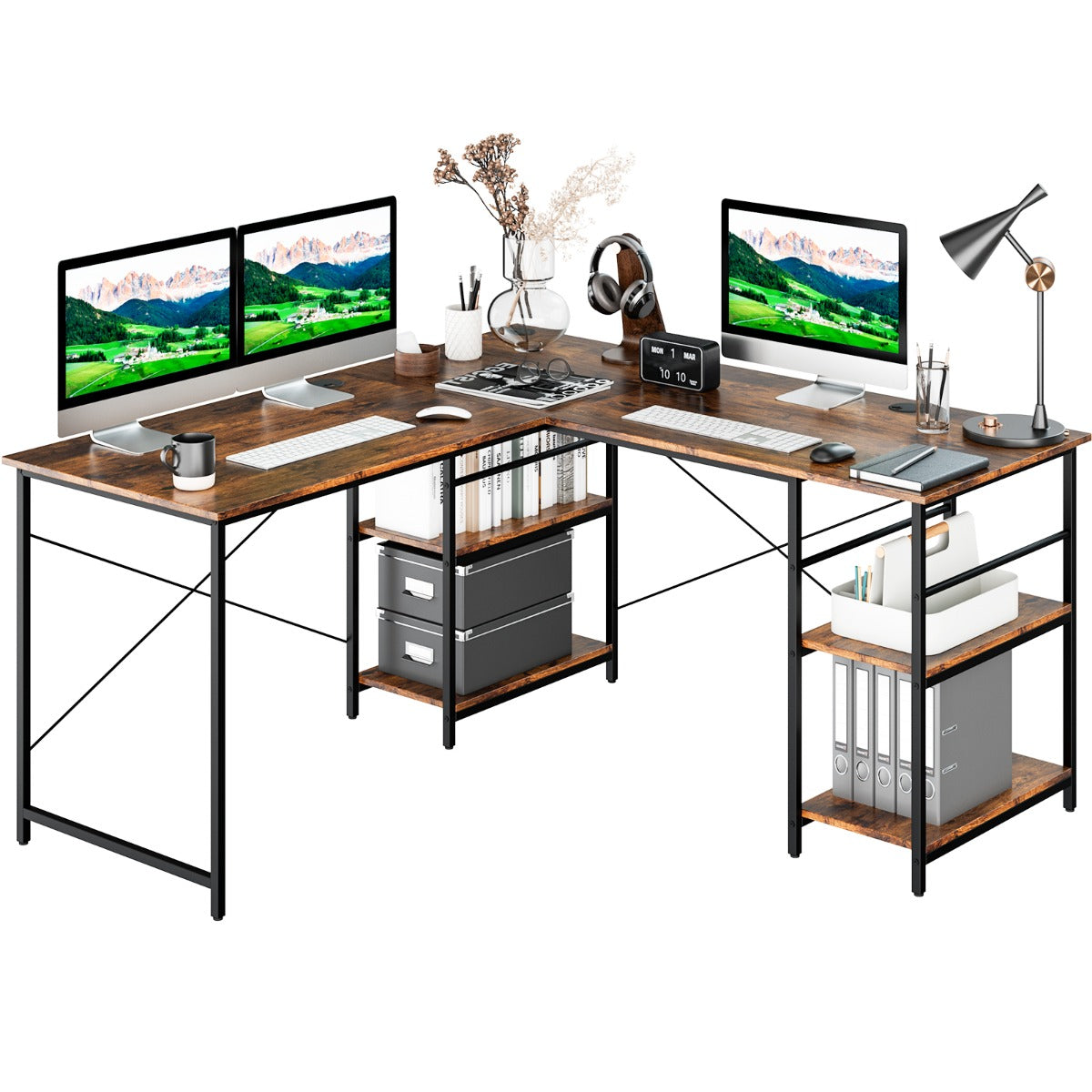 LIVSK Converteerbaar Hoekbureau - L-vormig of Lang Bureau - 4 Opberplanken - Tot 180 kg - 151 x 151 x 75 cm - Bruin