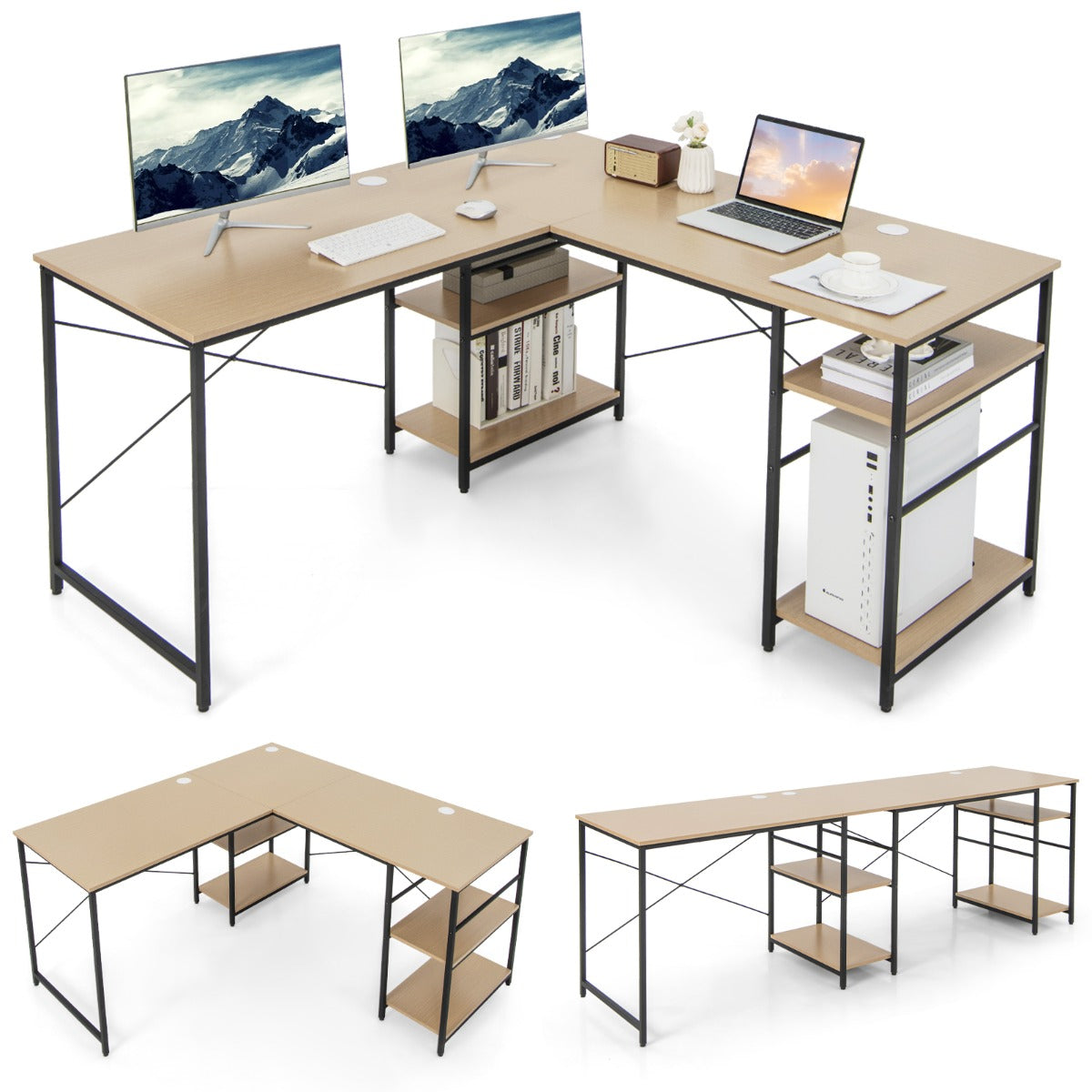 LIVSK L-vormig bureau - 2 Montagemogelijkheden - Verstelbare planken - Draagvermogen tot 180 kg - 151 x 151 x 75 cm - Natuur