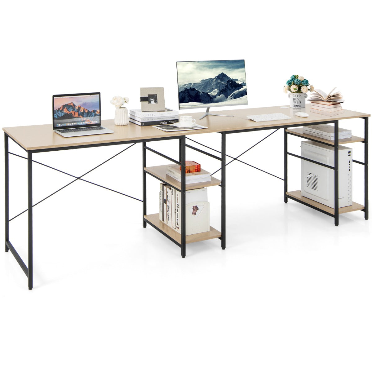 LIVSK L-vormig bureau - 2 Montagemogelijkheden - Verstelbare planken - Draagvermogen tot 180 kg - 151 x 151 x 75 cm - Natuur