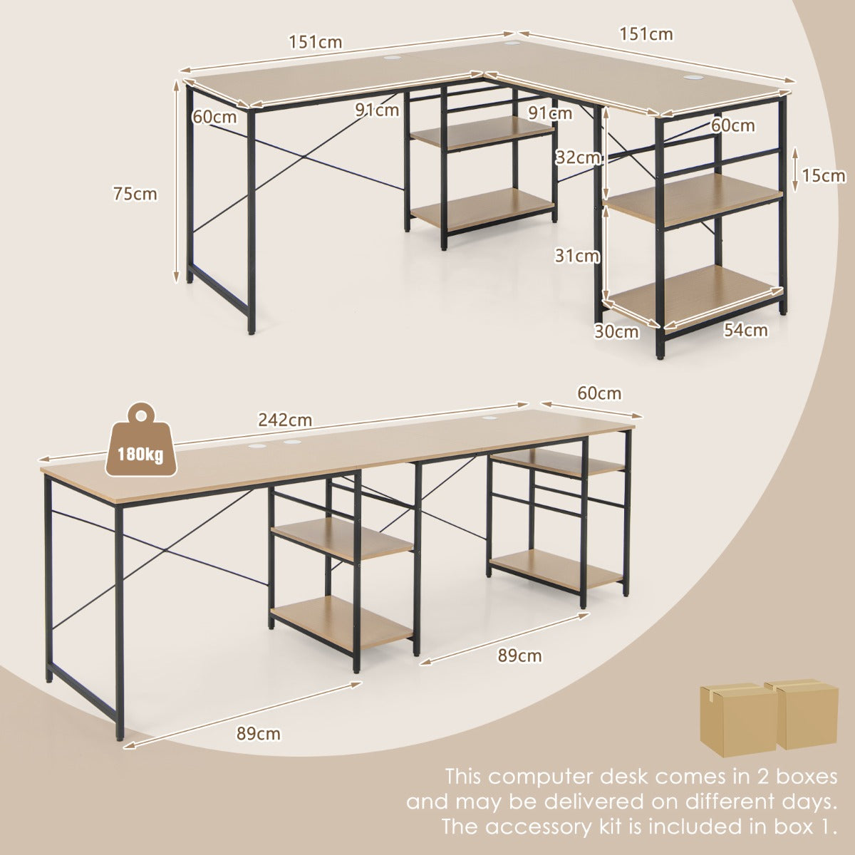 LIVSK L-vormig bureau - 2 Montagemogelijkheden - Verstelbare planken - Draagvermogen tot 180 kg - 151 x 151 x 75 cm - Natuur