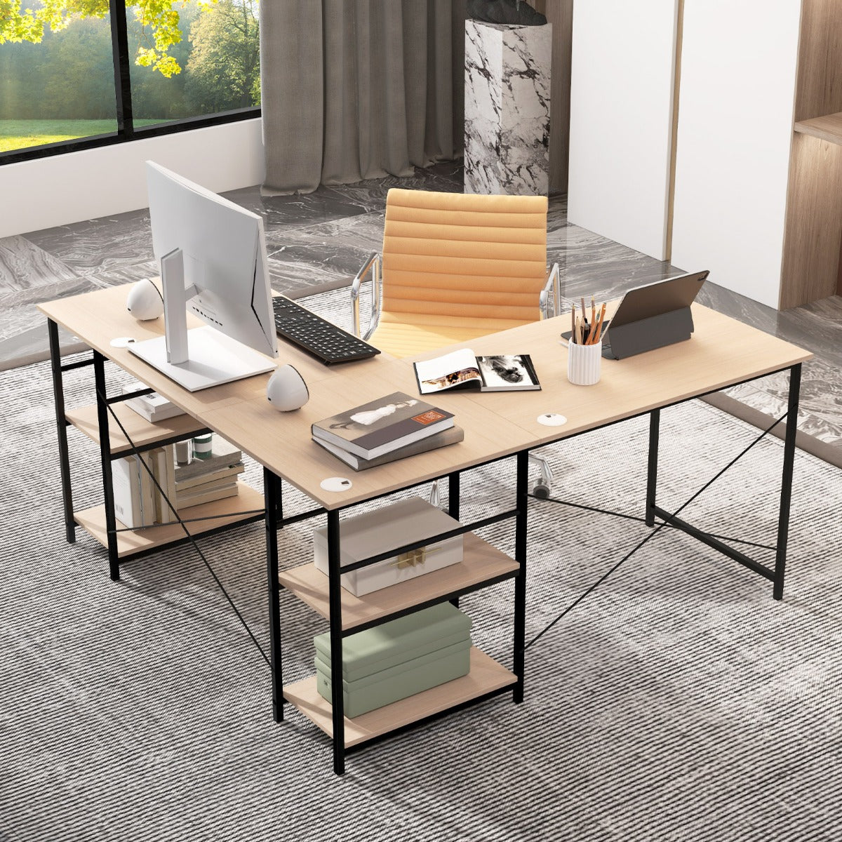 LIVSK L-vormig bureau - 2 Montagemogelijkheden - Verstelbare planken - Draagvermogen tot 180 kg - 151 x 151 x 75 cm - Natuur