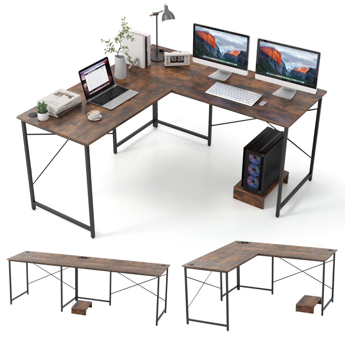 LIVSK Omkeerbaar L-vormig Computerbureau met Laadstation - Flexibel Design - Ruim Bureauoppervlak - Stabiel Metaal - Rustiek