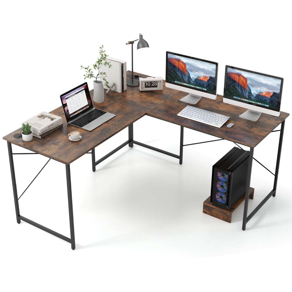 LIVSK Omkeerbaar L-vormig Computerbureau met Laadstation - Flexibel Design - Ruim Bureauoppervlak - Stabiel Metaal - Rustiek