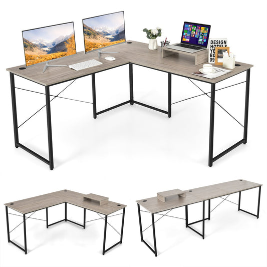 LIVSK Omkeerbaar L-vormig Computerbureau - Monitorplank - 3 Kabelgaten - Stevig Metaal - 150 x 150 x 74 cm - Lichtgrijs
