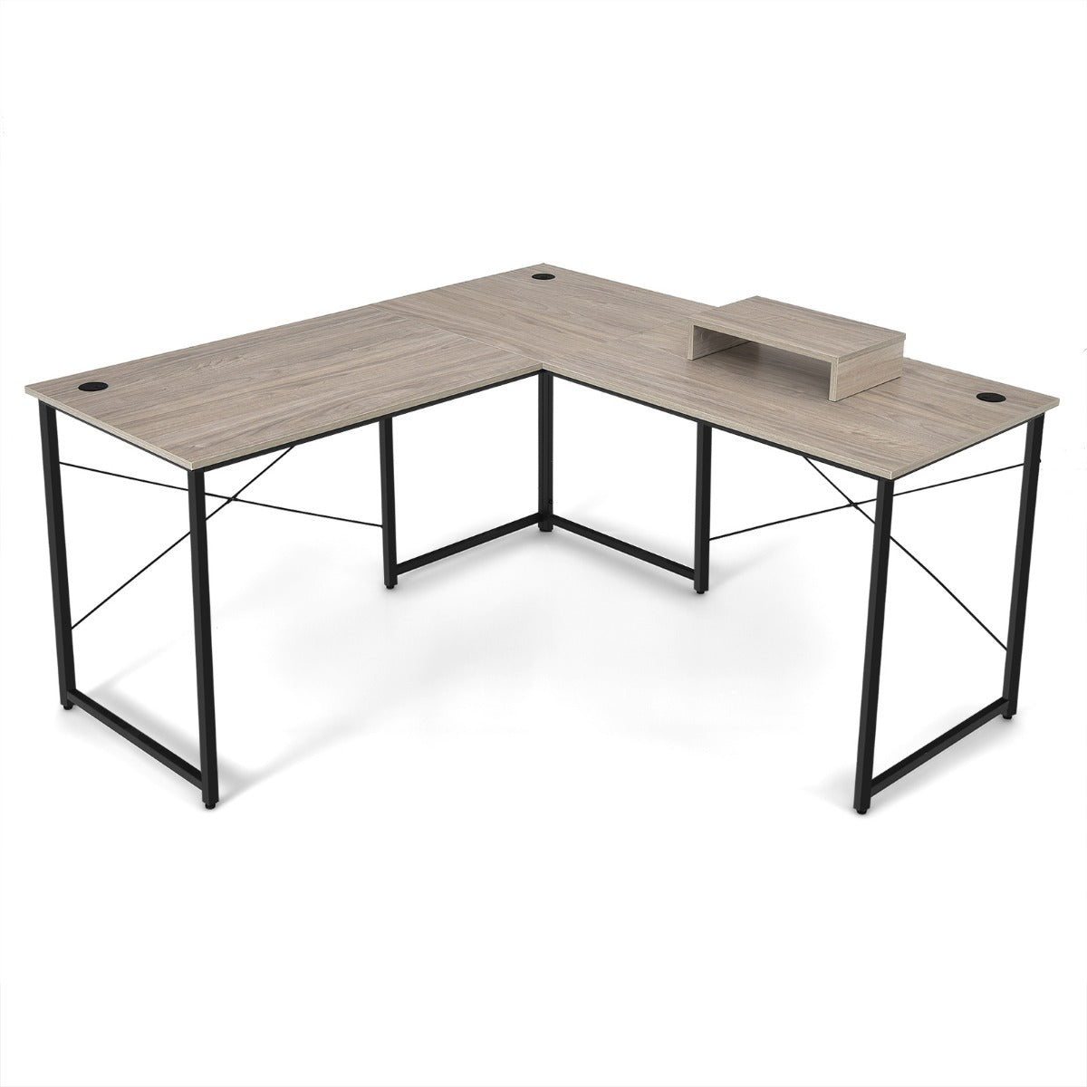LIVSK Omkeerbaar L-vormig Computerbureau - Monitorplank - 3 Kabelgaten - Stevig Metaal - 150 x 150 x 74 cm - Lichtgrijs