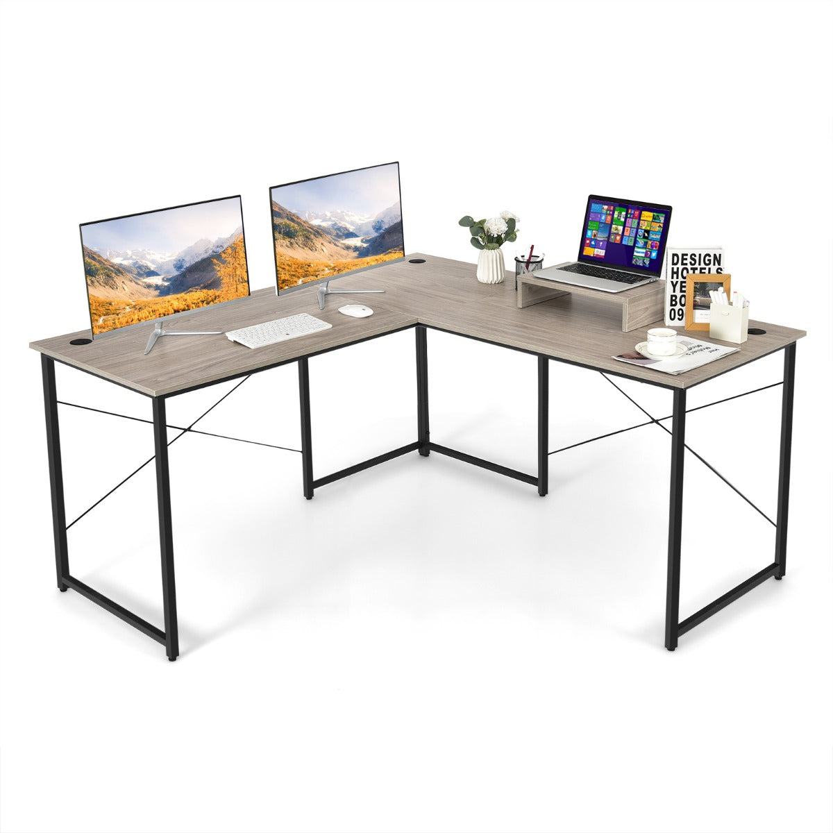 LIVSK Omkeerbaar L-vormig Computerbureau - Monitorplank - 3 Kabelgaten - Stevig Metaal - 150 x 150 x 74 cm - Lichtgrijs