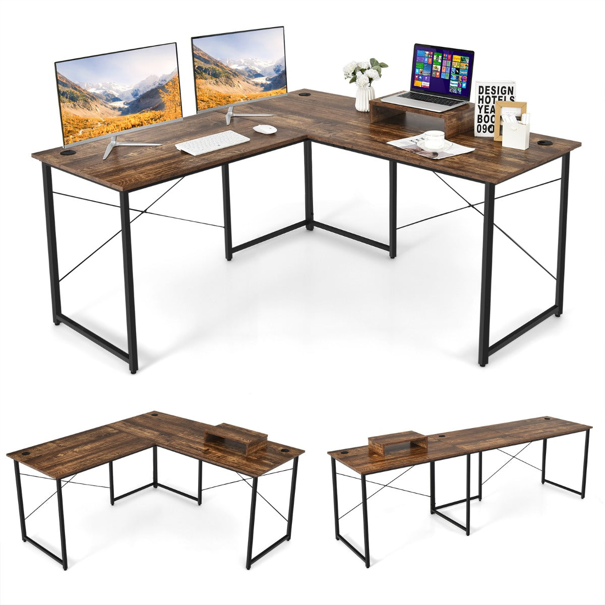 LIVSK Omkeerbaar L-vormig Bureau - 2 Bureauvormen - Monitorplank - Verstelbare Voetkussens - Tot 115 kg - Bruin 150 x 150 cm