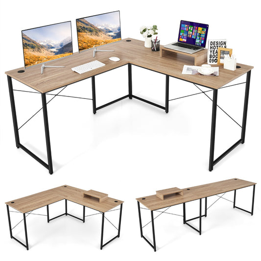 LIVSK Omkeerbaar L-vormig Bureau met Monitorplank - Verstelbare Hoogte - Robuuste Metalen Constructie - Tot 115 kg - Natuur