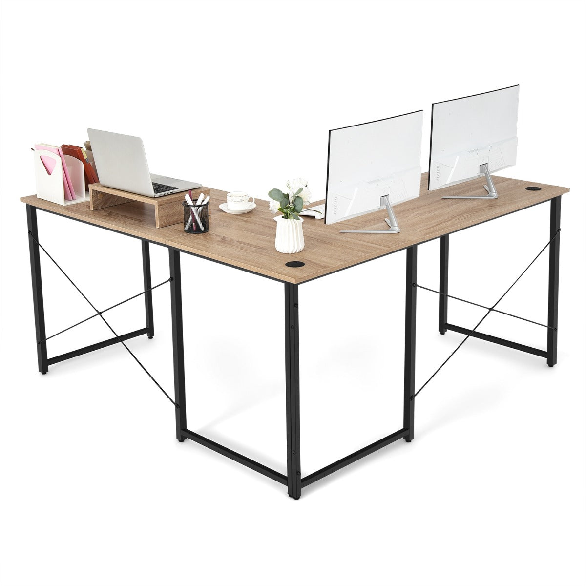 LIVSK Omkeerbaar L-vormig Bureau met Monitorplank - Verstelbare Hoogte - Robuuste Metalen Constructie - Tot 115 kg - Natuur