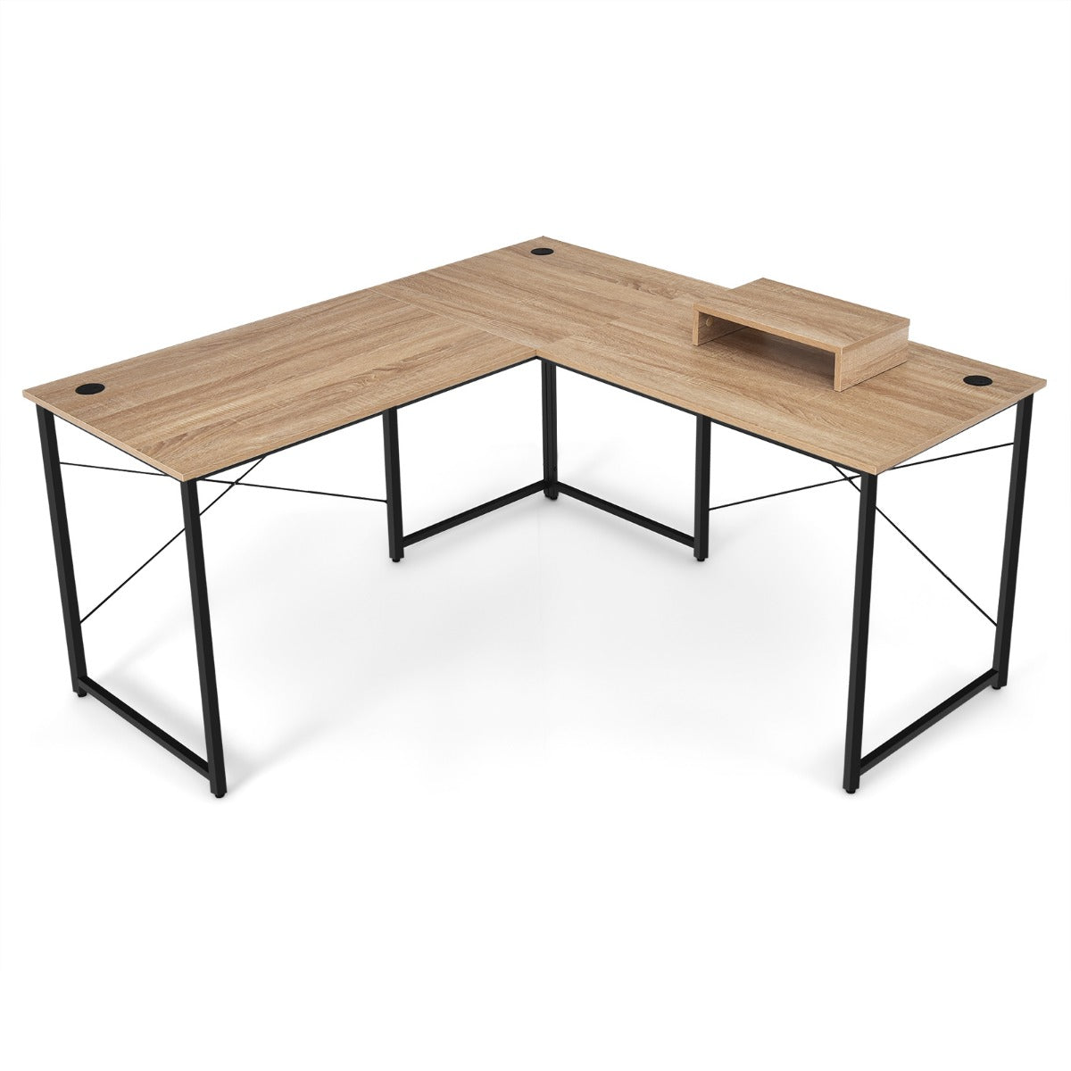 LIVSK Omkeerbaar L-vormig Bureau met Monitorplank - Verstelbare Hoogte - Robuuste Metalen Constructie - Tot 115 kg - Natuur