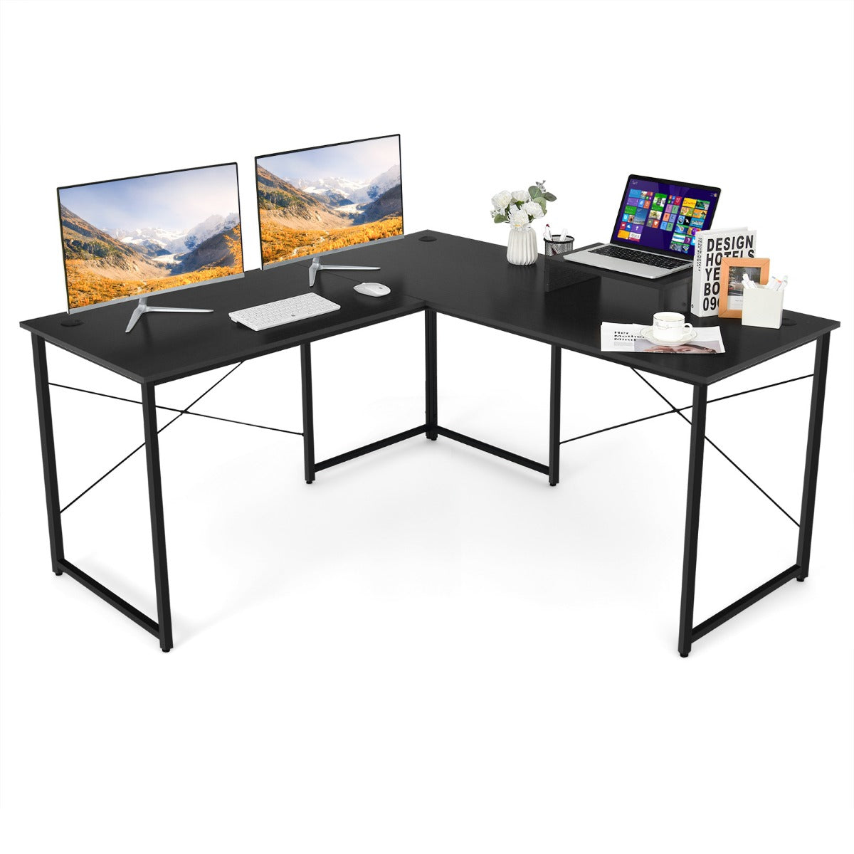 LIVSK Omkeerbaar L-vormig Bureau met Monitorstandaard - Stevige Metalen Constructie - Tot 115 kg - Ergonomisch - Zwart 150 x 150