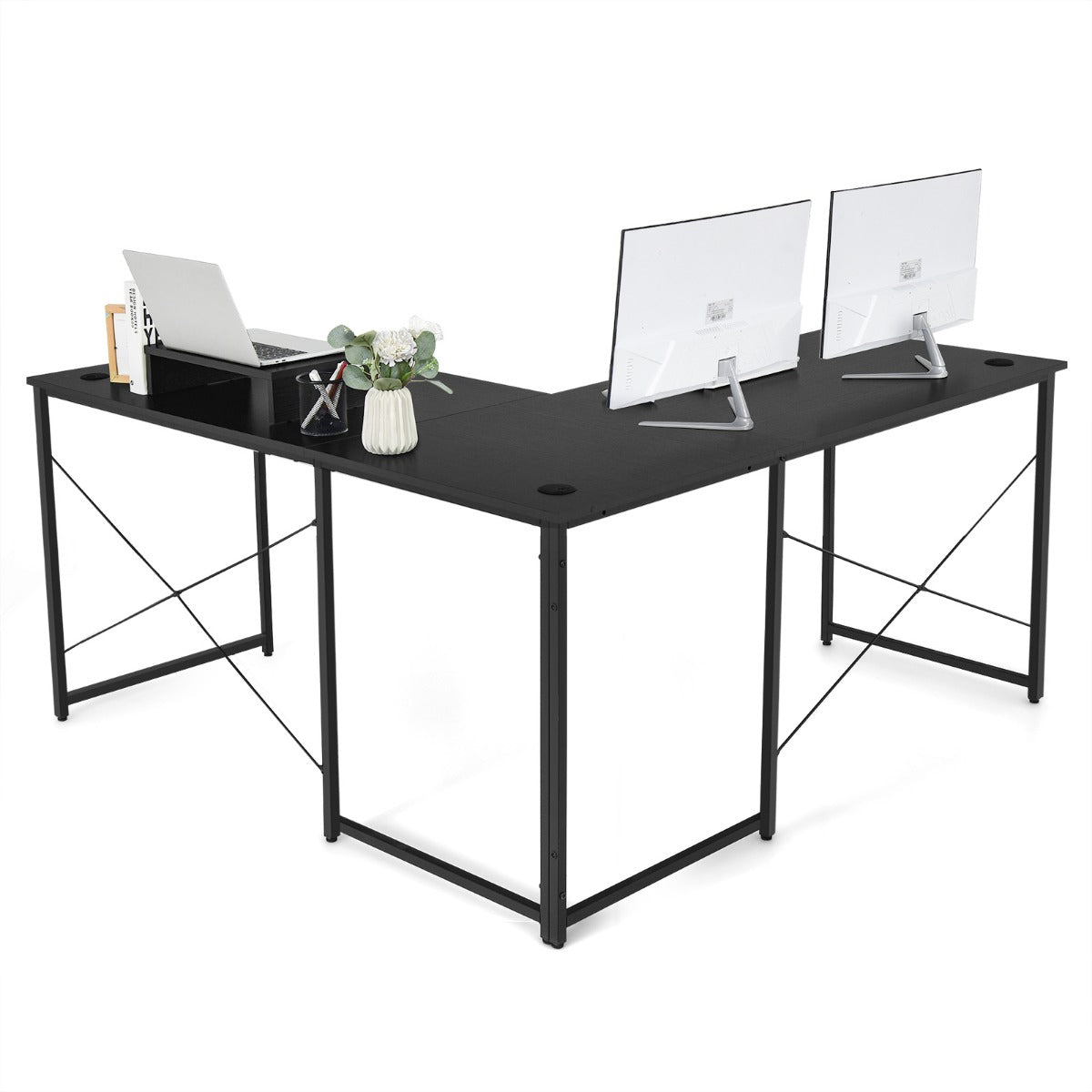 LIVSK Omkeerbaar L-vormig Bureau met Monitorstandaard - Stevige Metalen Constructie - Tot 115 kg - Ergonomisch - Zwart 150 x 150