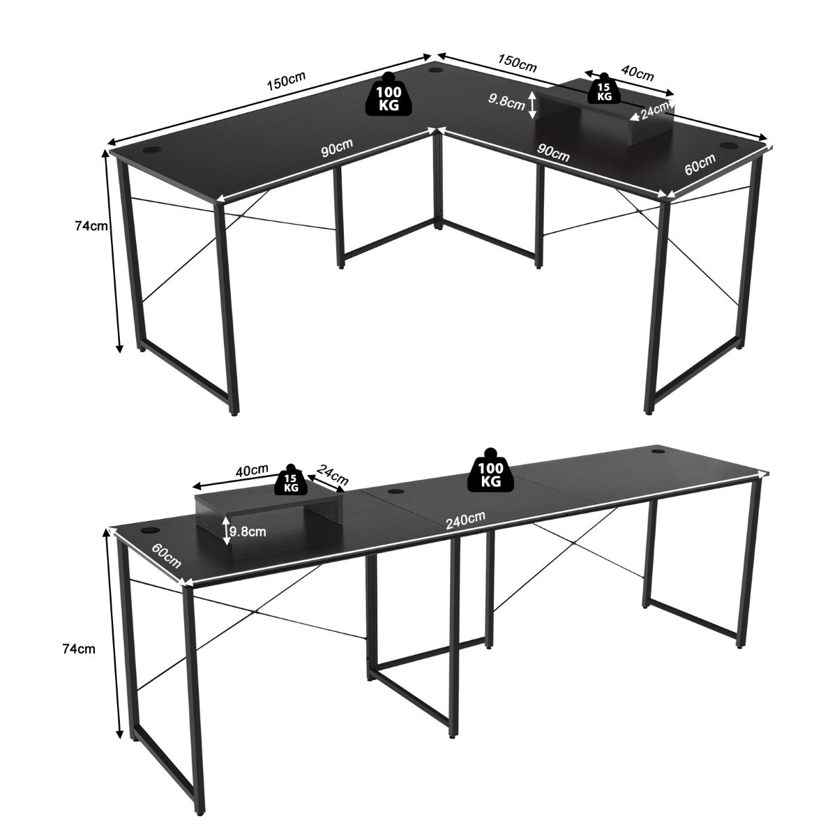 LIVSK Omkeerbaar L-vormig Bureau met Monitorstandaard - Stevige Metalen Constructie - Tot 115 kg - Ergonomisch - Zwart 150 x 150