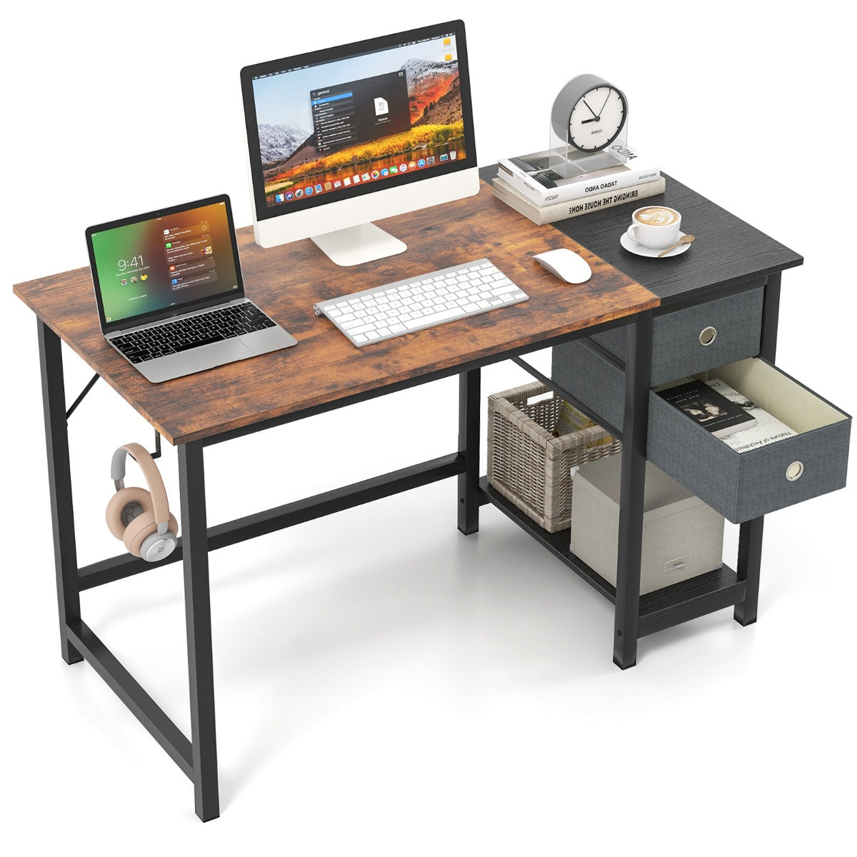 LIVSK Computertafel met 2 Laden en Hoofdtelefoonhaak - Duurzame Constructie - Aanpasbare Afstand - 120 x 60 x 75 cm - Rustiek
