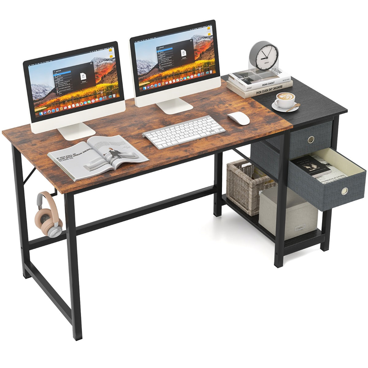 LIVSK Thuiskantoorbureau met 2 Laden en Hoofdtelefoonhaak - Duurzaam Metaal en Hout - 140 x 60 x 75 cm - Rustiek Bruin + Zwart