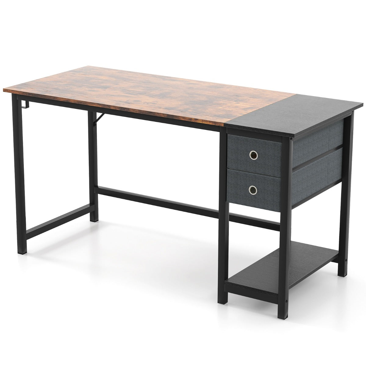 LIVSK Thuiskantoorbureau met 2 Laden en Hoofdtelefoonhaak - Duurzaam Metaal en Hout - 140 x 60 x 75 cm - Rustiek Bruin + Zwart