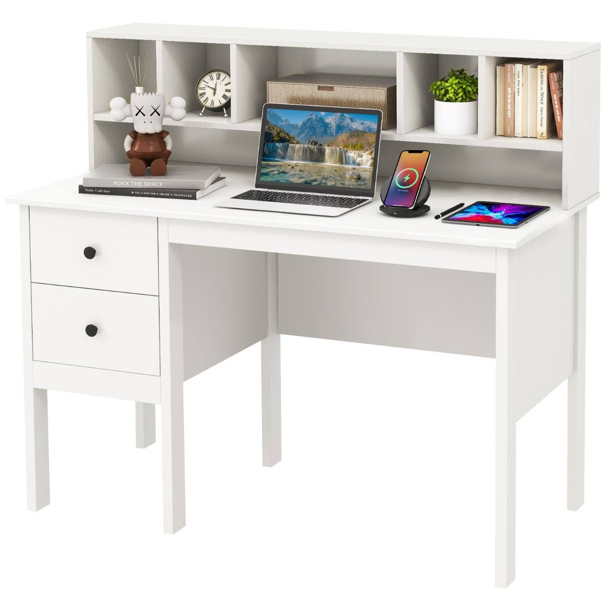 LIVSK Computertafel met 2 Laden en 5 Vakken - Stabiele Constructie met Antislip - Modern en Elegant - 120 x 60 x 110 cm - Wit