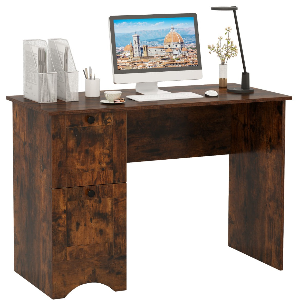 LIVSK Computertafel met 2 Laden - Ruim Tafelblad - Duurzame Constructie - Voor Thuis of Kantoor - 109 x 50 x 75 cm - Rustiek