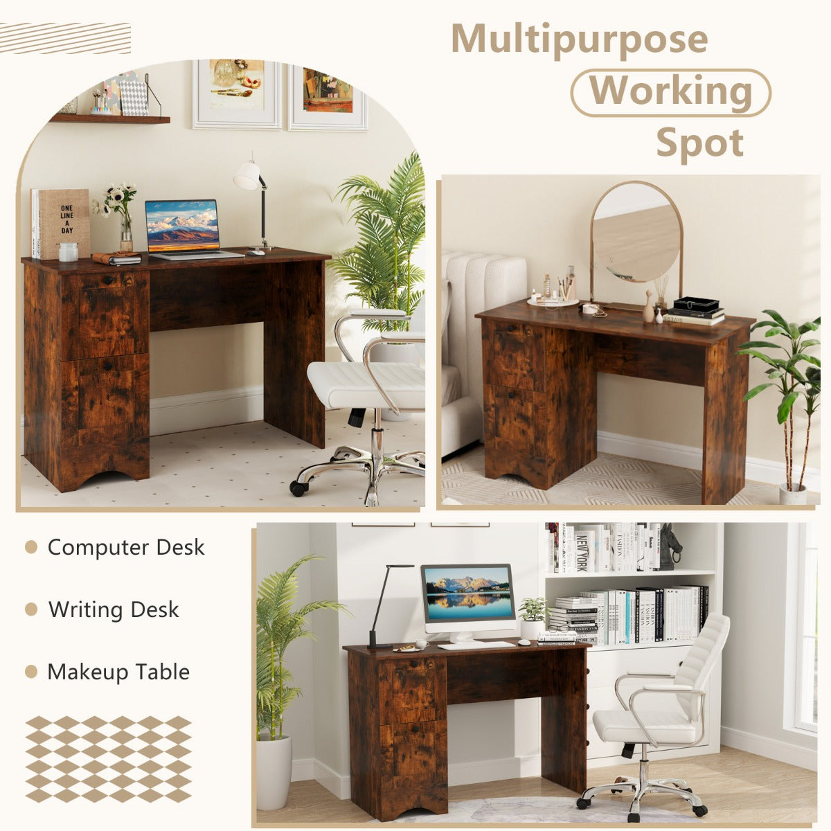 LIVSK Computertafel met 2 Laden - Ruim Tafelblad - Duurzame Constructie - Voor Thuis of Kantoor - 109 x 50 x 75 cm - Rustiek