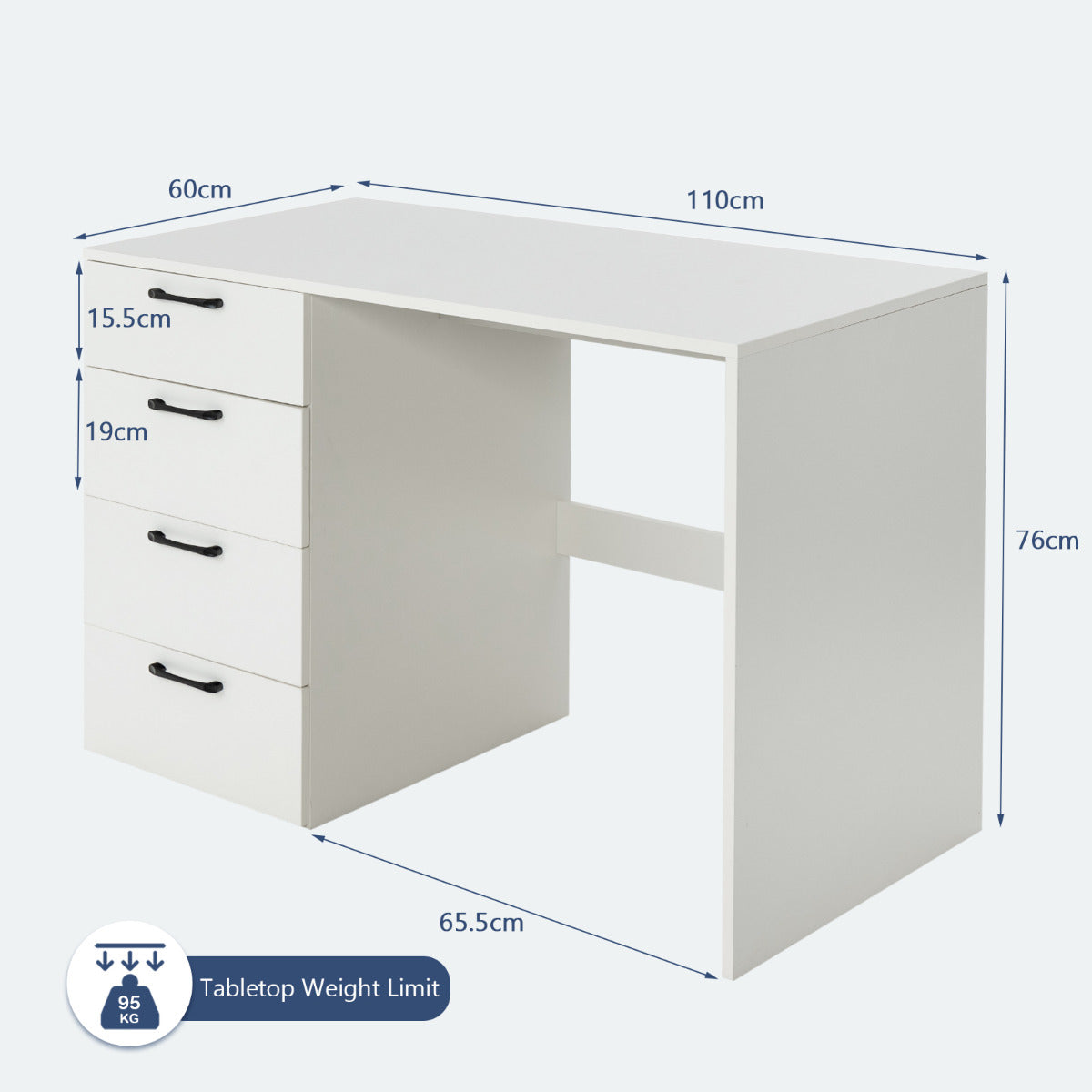LIVSK Moderne Computertafel met 4 Laden - Ruim Tafelblad 110 x 60 cm - Duurzaam en Stabiel - Wit