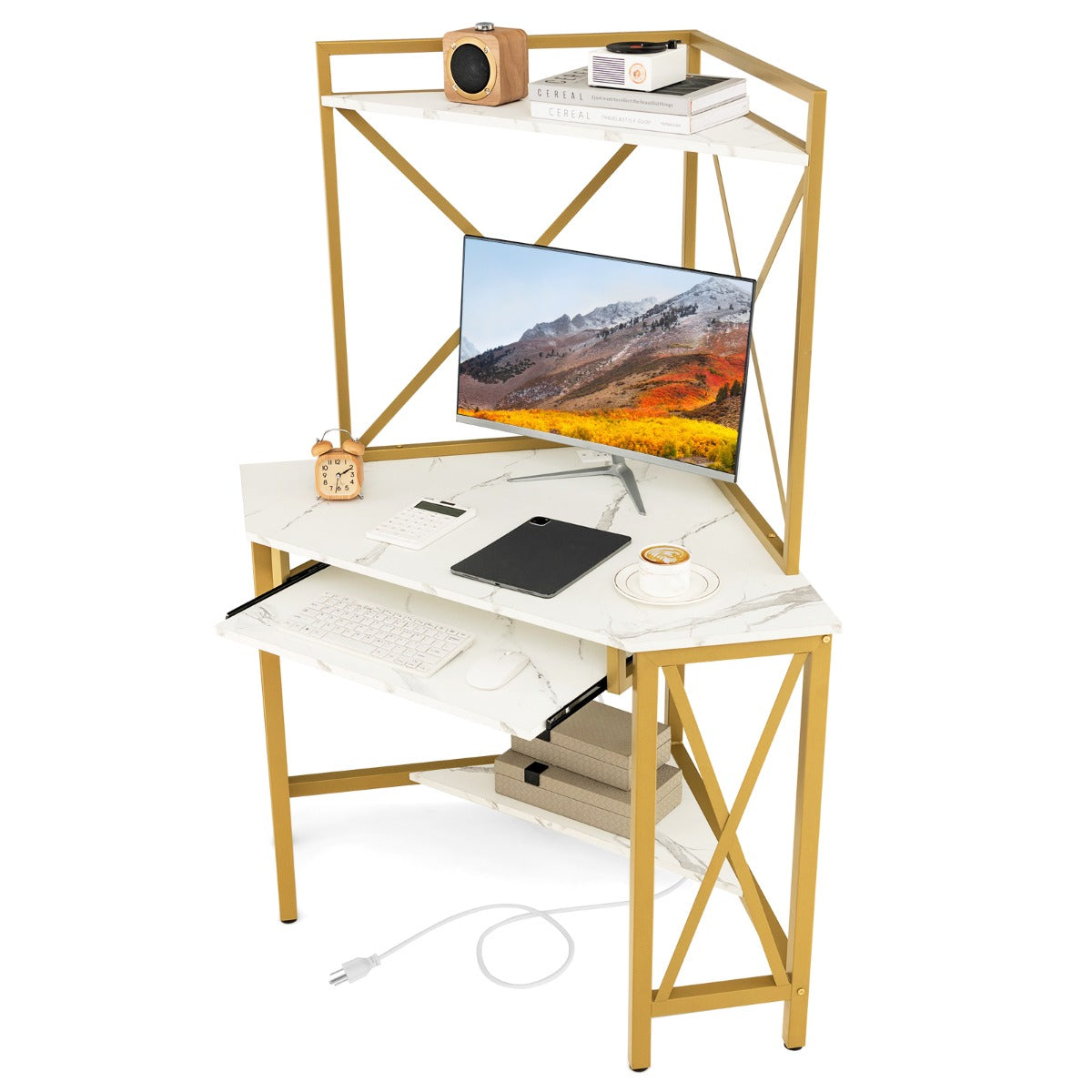 LIVSK Hoekbureau met Toetsenbordplank en Laadstation - Ruimtebesparend - Robuust Metalen Frame - Wit + Goud