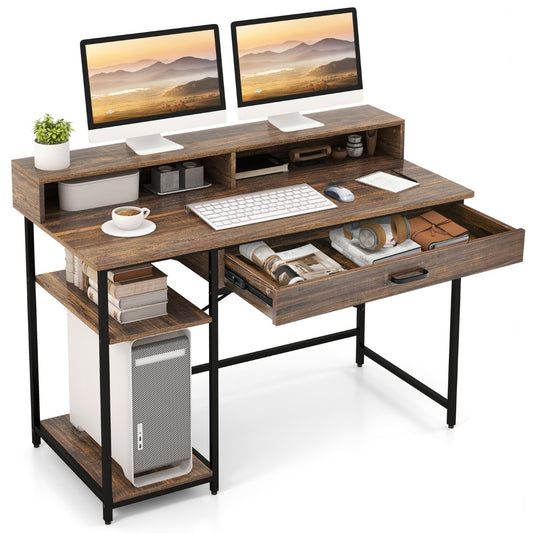 LIVSK Computertafel met Ergonomische Monitorstandaard - Opberglade - 2 Planken - Stabiel Metaal - 120 x 56 x 90,5 cm - Rustiek