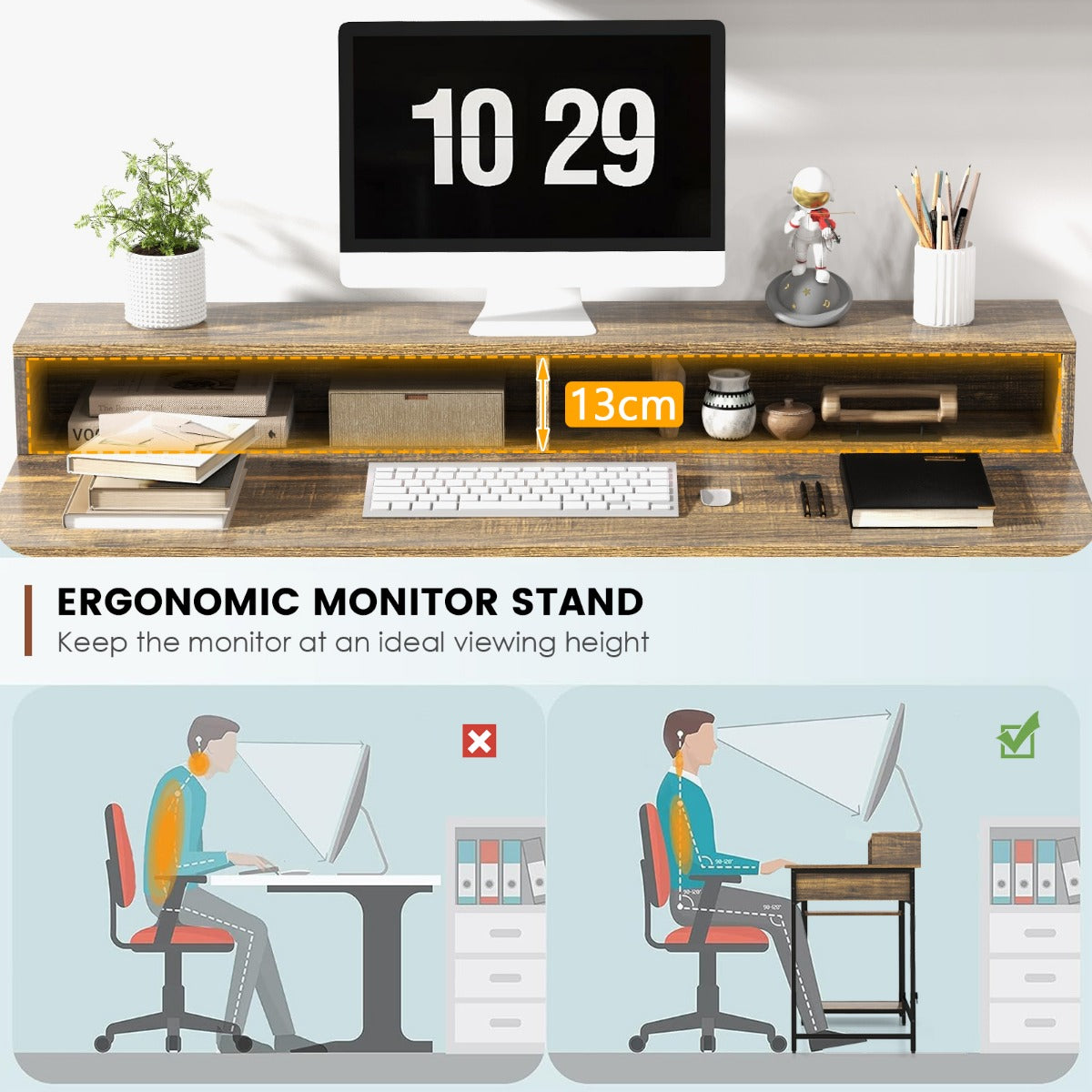 LIVSK Computertafel met Ergonomische Monitorstandaard - Opberglade - 2 Planken - Stabiel Metaal - 120 x 56 x 90,5 cm - Rustiek