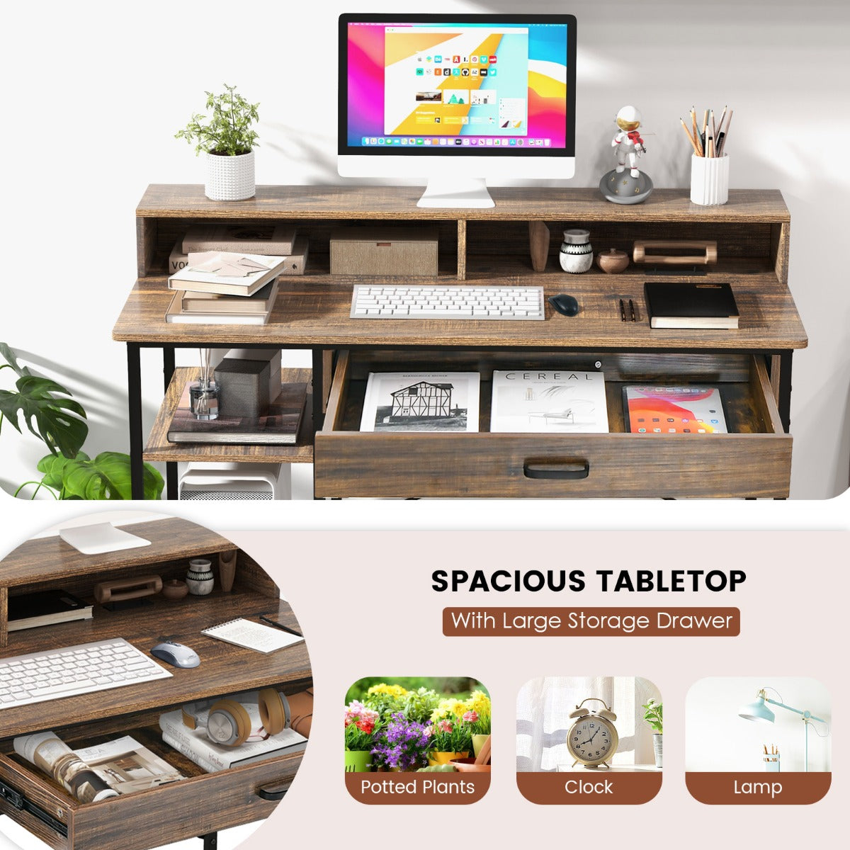 LIVSK Computertafel met Ergonomische Monitorstandaard - Opberglade - 2 Planken - Stabiel Metaal - 120 x 56 x 90,5 cm - Rustiek