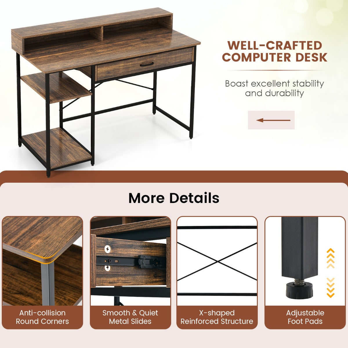 LIVSK Computertafel met Ergonomische Monitorstandaard - Opberglade - 2 Planken - Stabiel Metaal - 120 x 56 x 90,5 cm - Rustiek