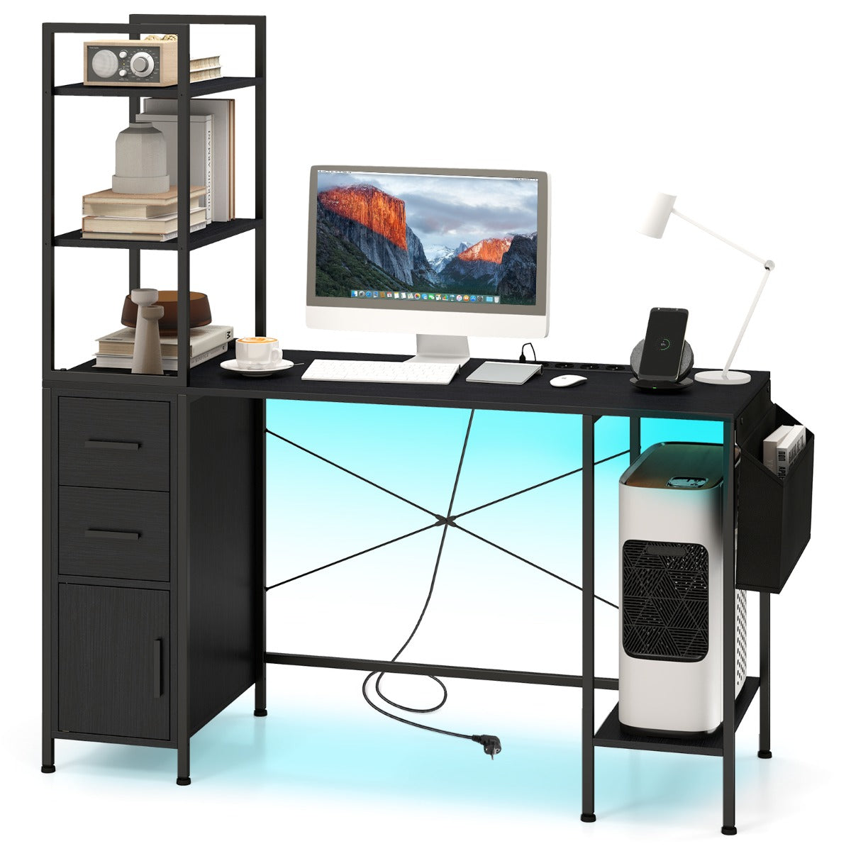 LIVSK Bureau met Aanpasbare LED-verlichting - Multifunctioneel Oplaadstation met 4 Stopcontacten en 2 USB-poorten - Zwart